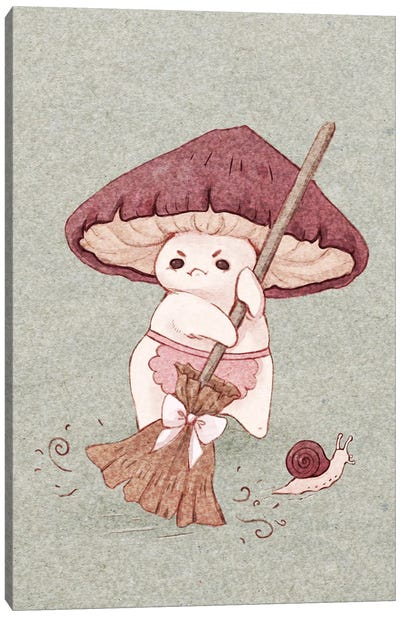 Angy Mushroom Does Not Like To Clean Canvas Art Print - Adorable Anthropomorphism