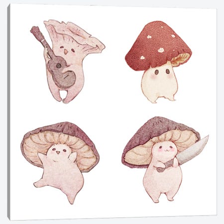 Four Cute Mushroom Friends Canvas Print #FYA22} by Fairydrop Art Canvas Print