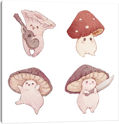 Four Cute Mushroom Friends Canvas Art Print - Mushroom Art