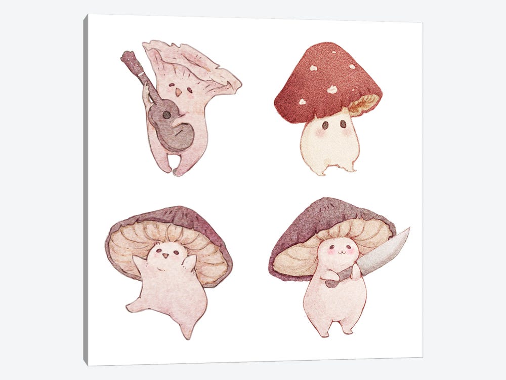 Four Cute Mushroom Friends by Fairydrop Art 1-piece Canvas Wall Art