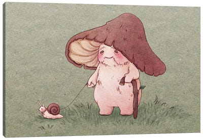 Elderly Mushroom Walking Pet Snail Canvas Art Print - Mushroom Art