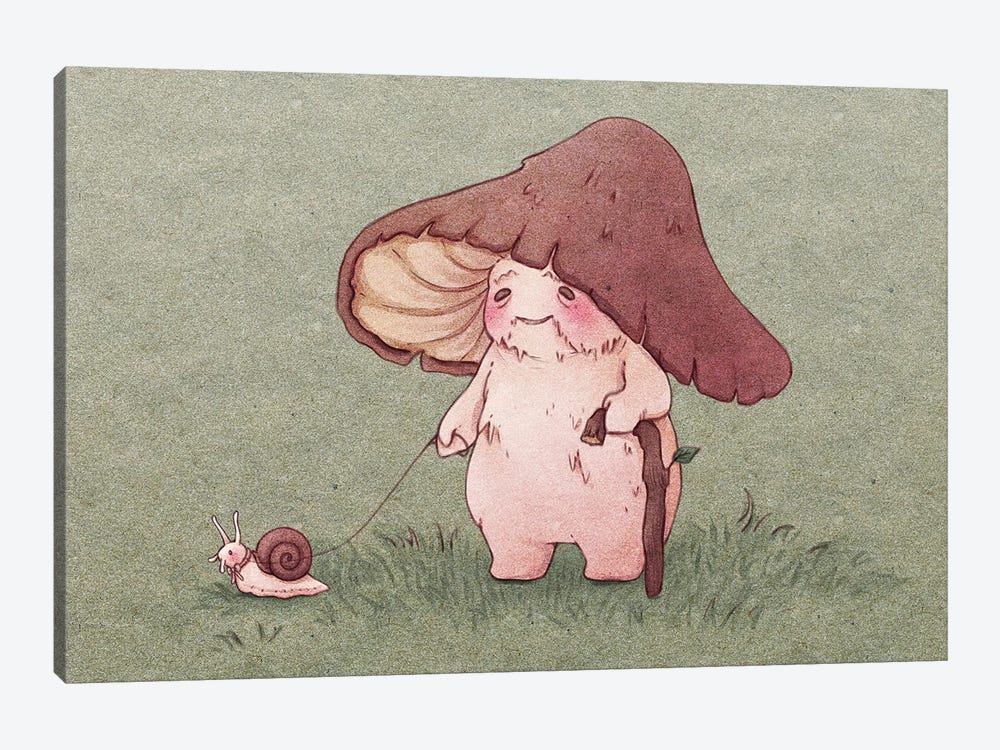 Elderly Mushroom Walking Pet Snail by Fairydrop Art 1-piece Art Print