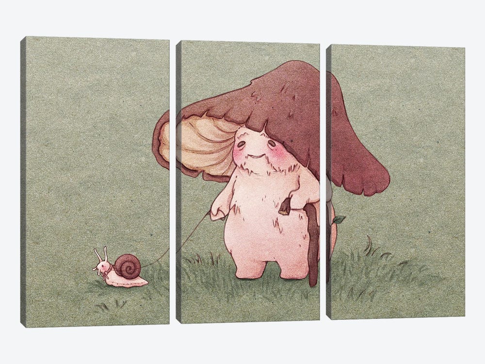 Elderly Mushroom Walking Pet Snail by Fairydrop Art 3-piece Canvas Print