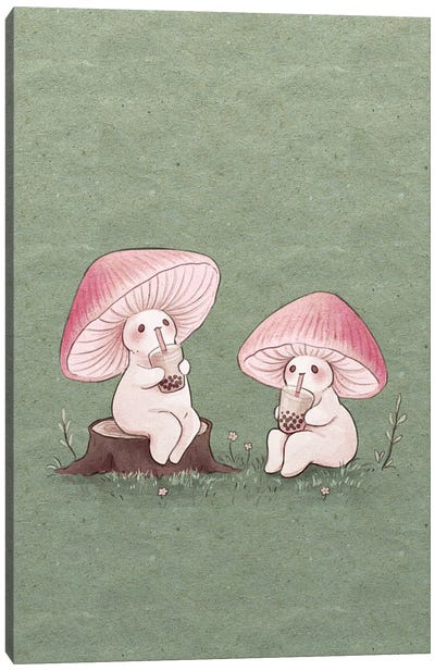 Mycena Mushroom Boba Tea Time Canvas Art Print - Children's Illustrations 