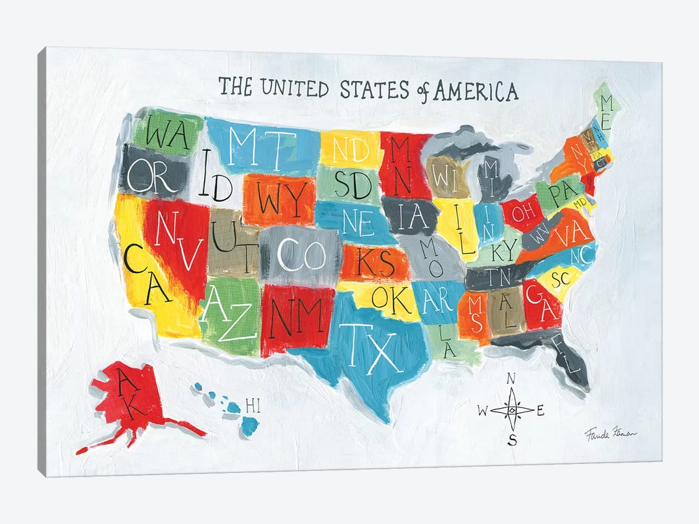 US Map by Farida Zaman 1-piece Canvas Art Print
