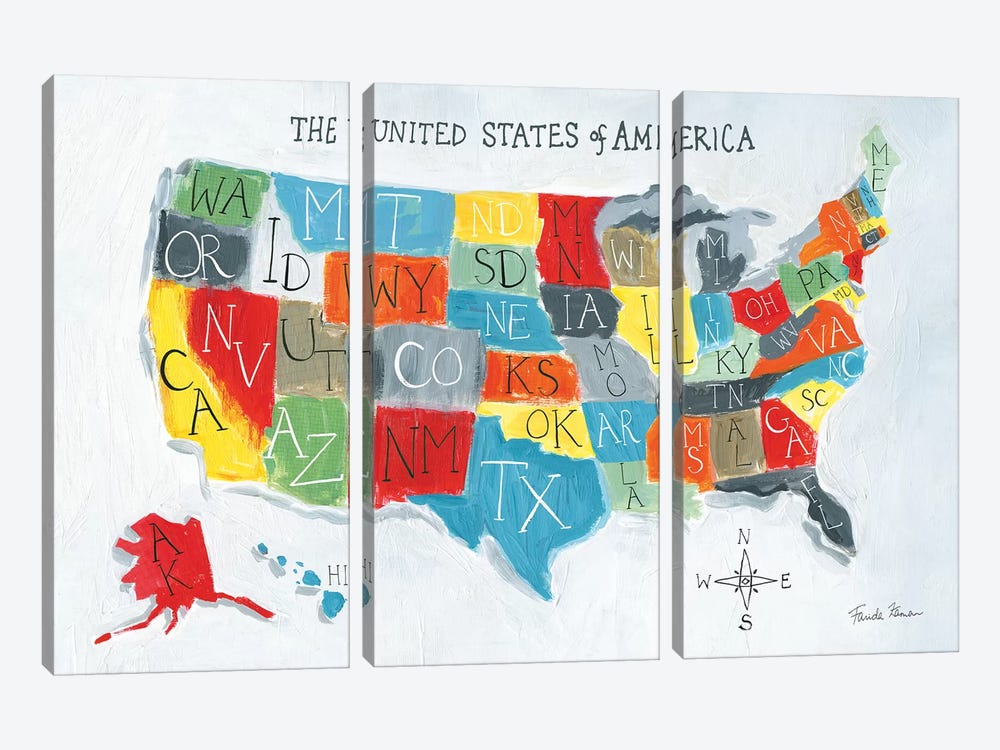 US Map by Farida Zaman 3-piece Canvas Print