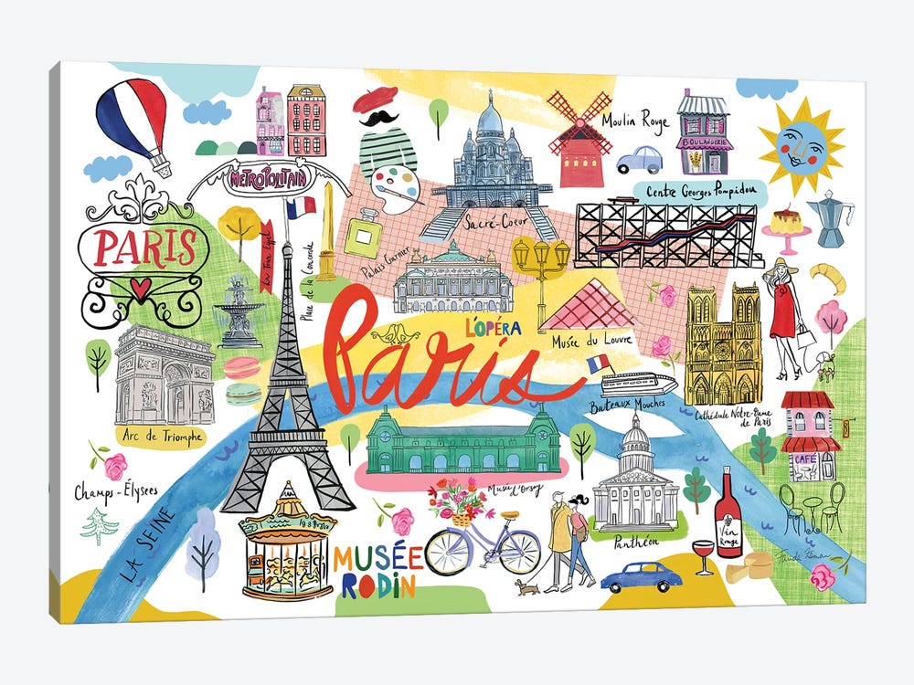 Paris Map by Farida Zaman 1-piece Canvas Print