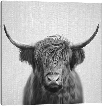 Highland Cow In Black & White Canvas Art Print - Neutrals