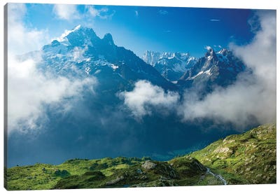 Aiguille Verte Rises Above The Clouds Of The Chamonix Valley, French Alps, France Canvas Art Print - Pantone 2020 Classic Blue