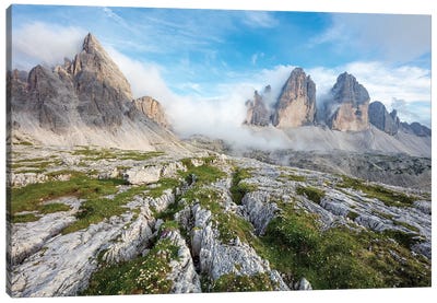 Cloud Swirls Around Monte Paterno And Tre Cime Di Lavaredo, Sexten Dolomites, Italy Canvas Art Print - Gareth McCormack