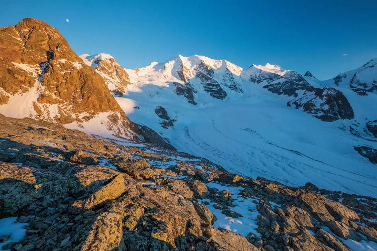 Evening Light On Piz Trovat And Piz Palu II, Berniner Alps, Graubunden, Switzerland