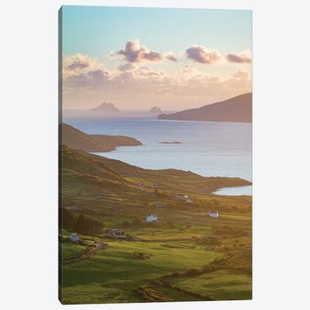Evening Light Over Fields And Skellig Islands From Ballinskelligs Bay I, County Kerry, Ireland Canvas Print #GAR143} by Gareth McCormack Canvas Wall Art