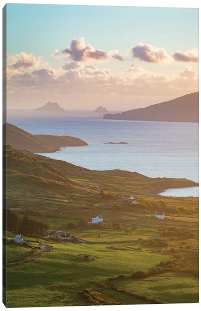 Evening Light Over Fields And Skellig Islands From Ballinskelligs Bay I, County Kerry, Ireland Canvas Art Print - Ireland Art
