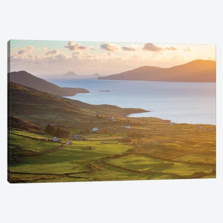 Evening Light Over Fields And Skellig Islands From Ballinskelligs Bay II, County Kerry, Ireland Canvas Print #GAR144} by Gareth McCormack Canvas Print