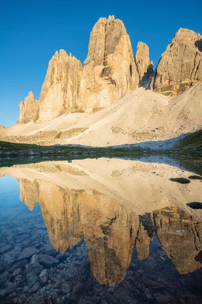 Evening Reflection Of Tre Cime Di Lavaredo, Sexten Dolomites, Italy by Gareth McCormack canvas print