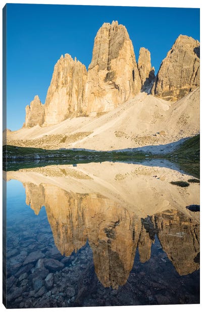 Evening Reflection Of Tre Cime Di Lavaredo, Sexten Dolomites, Italy Canvas Art Print - Gareth McCormack