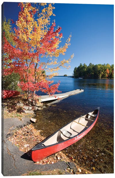 Fall Colors And Canoe, Maine, New England, USA Canvas Art Print - Canoe Art