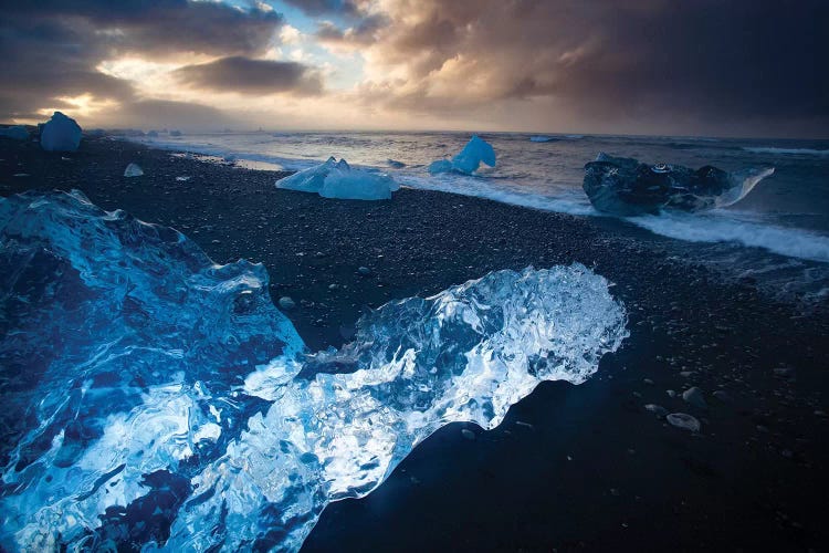 Icebergs On The Black Sand Beach Beneath Jokulsarlon, Iceland