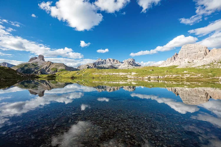 Reflection Of Croda Dei Rondoi And Torre Di Toblin, Sexten Dolomites, Italy