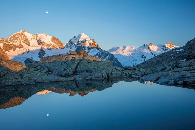 Reflection Of Moonrise Over Piz Bernina And Piz Rosbeg, Fuorcla Surlej, Berniner Alps, Graubunden, Switzerland