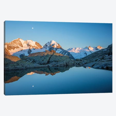Reflection Of Moonrise Over Piz Bernina And Piz Rosbeg, Fuorcla Surlej, Berniner Alps, Graubunden, Switzerland Canvas Print #GAR172} by Gareth McCormack Canvas Print