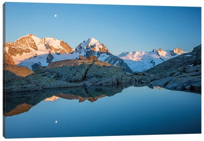 Reflection Of Moonrise Over Piz Bernina And Piz Rosbeg, Fuorcla Surlej, Berniner Alps, Graubunden, Switzerland Canvas Art Print - Gareth McCormack