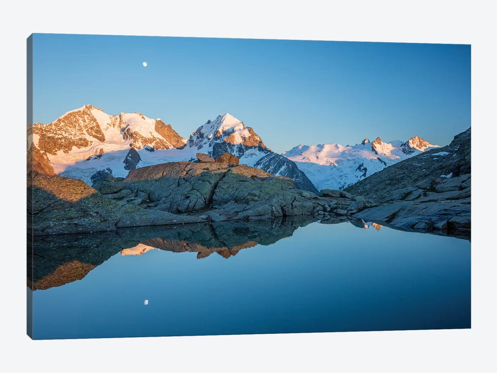 Reflection Of Moonrise Over Piz Bernina And Piz Rosbeg, Fuorcla Surlej, Berniner Alps, Graubunden, Switzerland by Gareth McCormack 1-piece Canvas Wall Art