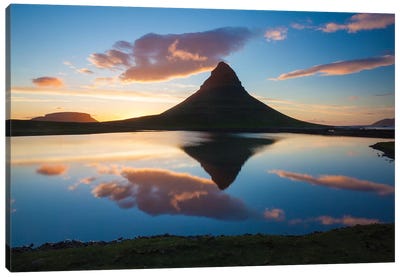 Sunset Reflection Of Kirkjufell Mountain, Iceland Canvas Art Print - Snaefellsnes
