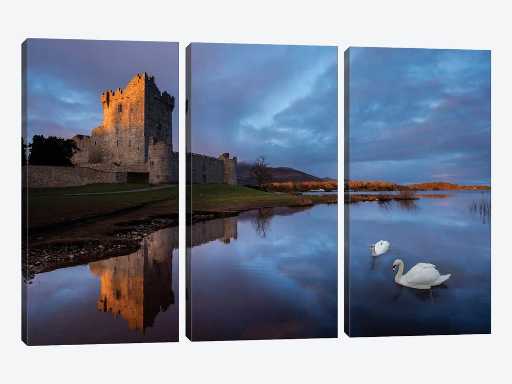 Dawn Reflection, Ross Castle, Killarney National Park, County Kerry, Munster Province, Republic Of Ireland by Gareth McCormack 3-piece Canvas Wall Art