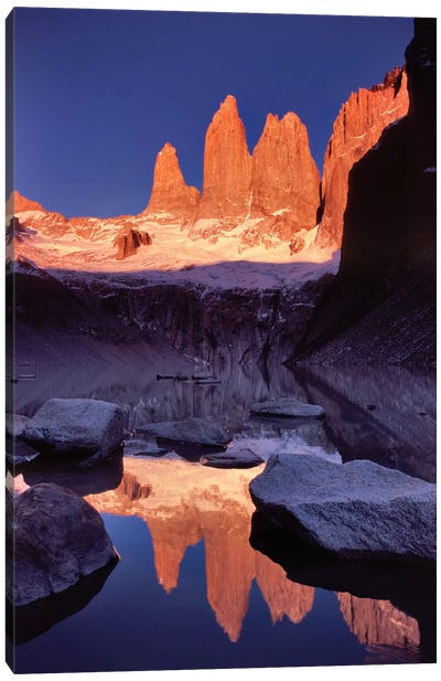 Dawn Reflection, Torres del Paine, Patagonia, Chile Canvas Art Print - South America Art