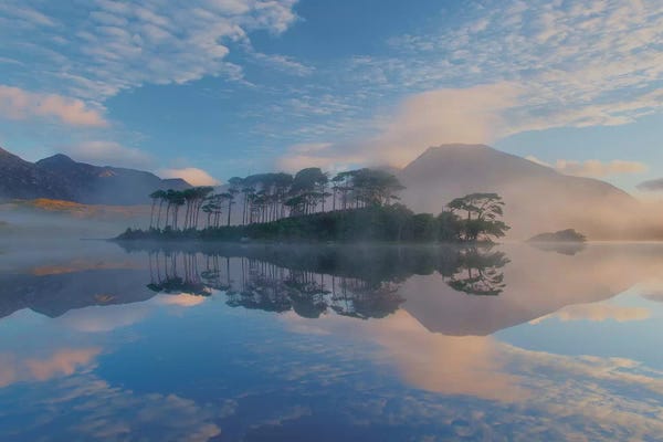 Islands: Misty Morning Reflection Of Twelve Bens I, Derryclare Lough, Connemara, County Galway, Connacht Province, Republic Of Ireland by Gareth McCormack