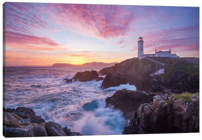 Sunrise, Fanad Head Lighthouse, County Donegal, Ulster Province, Republic Of Ireland Canvas Art Print - Lake & Ocean Sunrise & Sunset Art