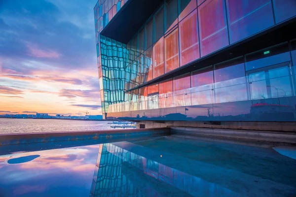 Iceland: Sunset Reflection I, Harpa Concert Hall, Reykjavik, Hofudborgarsvaedi, Iceland by Gareth McCormack