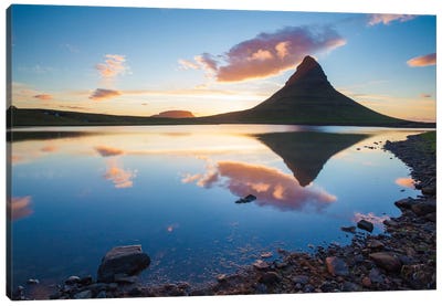 Sunset Reflection, Kirkjufell, Grundarfjordur, Snaefellsnes Peninsula, Vesturland, Iceland Canvas Art Print - Lake & Ocean Sunrise & Sunset Art