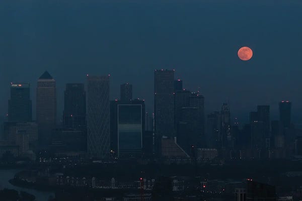 London Skylines: Isle Of Dog With Full Moon by Gilliard Bressan