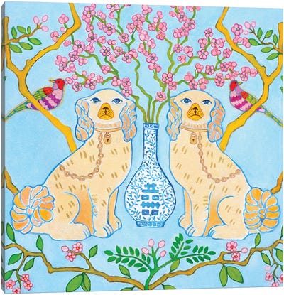 Staffordshire Dogs With Blue And White Ginger Jar On Blue Canvas Art Print - Blossom Art