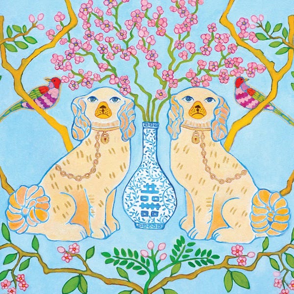 Blossoms: Staffordshire Dogs With Blue And White Ginger Jar On Blue by Green Orchid Boutique