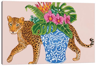 Chinoiserie Leopard With Blue And White Vase Monstera And Orchids Canvas Art Print - Patterns