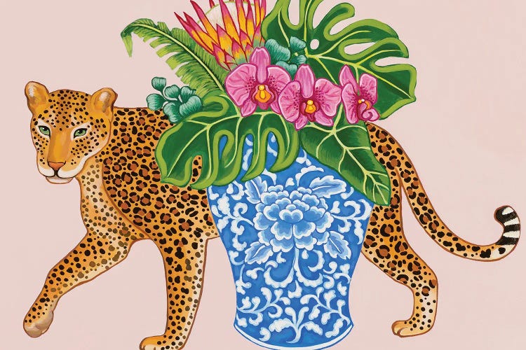 Chinoiserie Leopard With Blue And White Vase Monstera And Orchids