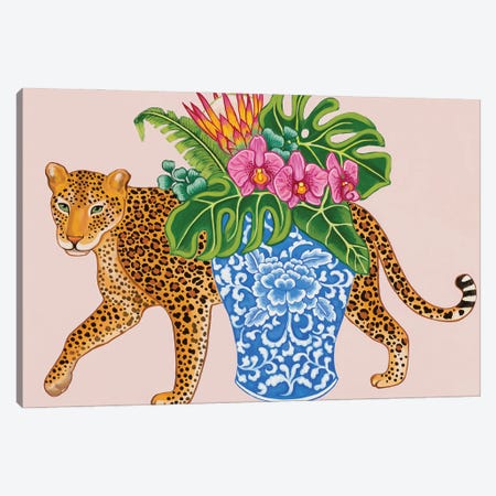 Chinoiserie Leopard With Blue And White Vase Monstera And Orchids Canvas Print #GBQ12} by Green Orchid Boutique Canvas Wall Art