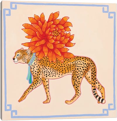 Chinoiserie Cheetah With Chrysanthemum Canvas Art Print - Indian Décor