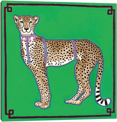 Chinoiserie Cheetah On Green Canvas Art Print - Indian Décor