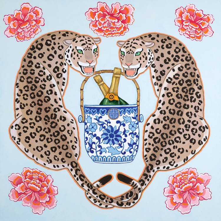 Chinoiserie Leopards With Blue And White Champagne Bucket