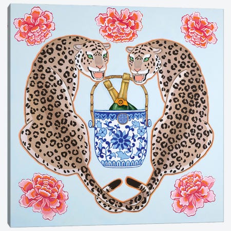 Chinoiserie Leopards With Blue And White Champagne Bucket Canvas Print #GBQ15} by Green Orchid Boutique Art Print