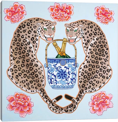 Chinoiserie Leopards With Blue And White Champagne Bucket Canvas Art Print - Leopard Art