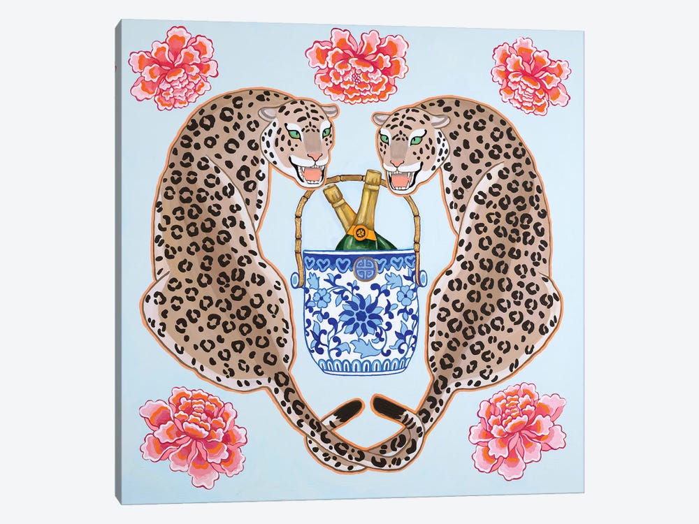 Chinoiserie Leopards With Blue And White Champagne Bucket by Green Orchid Boutique 1-piece Canvas Print