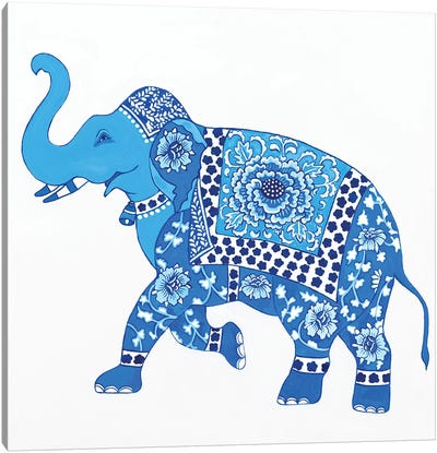 Chinoiserie Blue And White Elephant I Canvas Art Print - Global Patterns