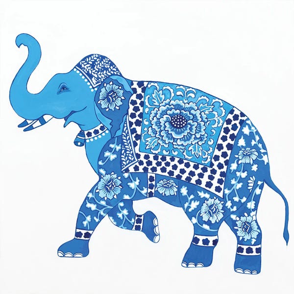 Elephants: Chinoiserie Blue And White Elephant I by Green Orchid Boutique