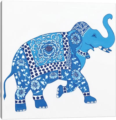 Chinoiserie Blue And White Elephant II Canvas Art Print - Global Patterns