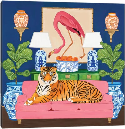 Chinoiserie Tiger In The Living Room With Flamingo Ginger Jar And Fiddle Leaf Fig Canvas Art Print - Green Orchid Boutique